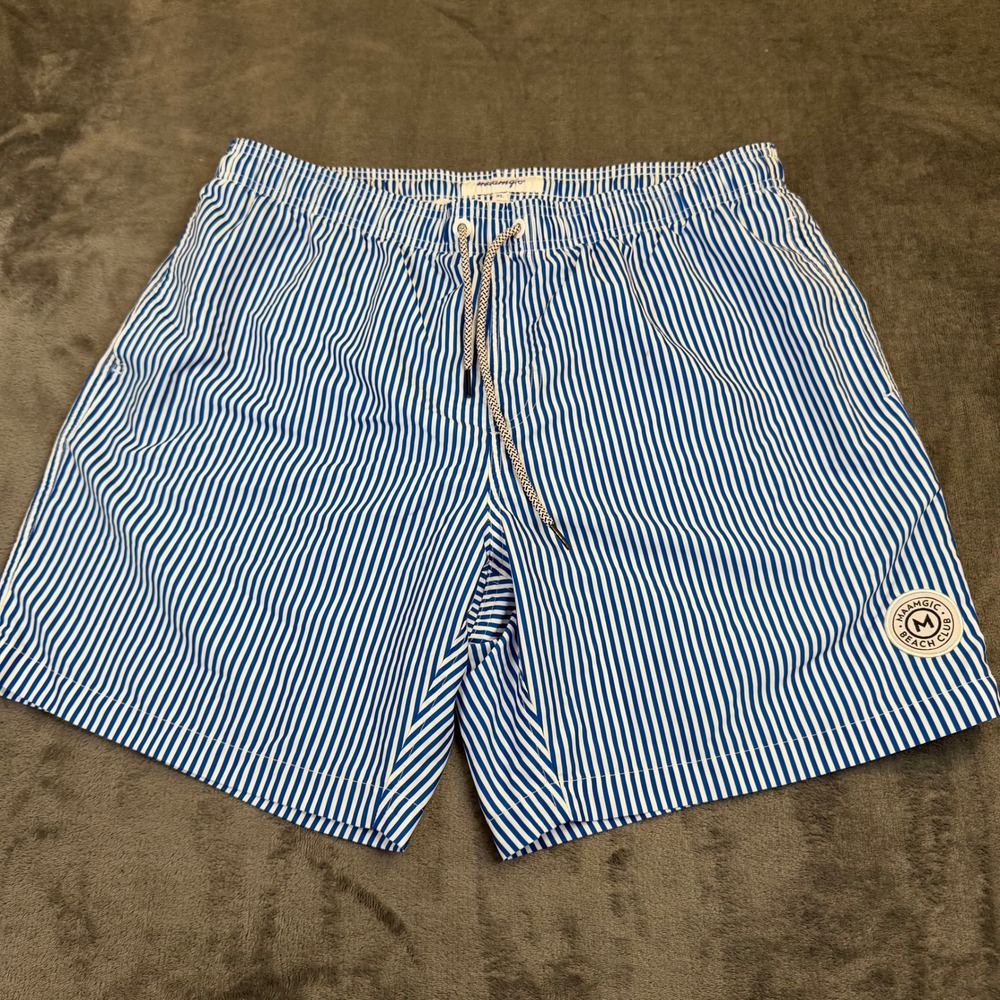 Maamgic Beach Club Swim Trunks Mens Extra Large Blue White Striped Mesh Lining